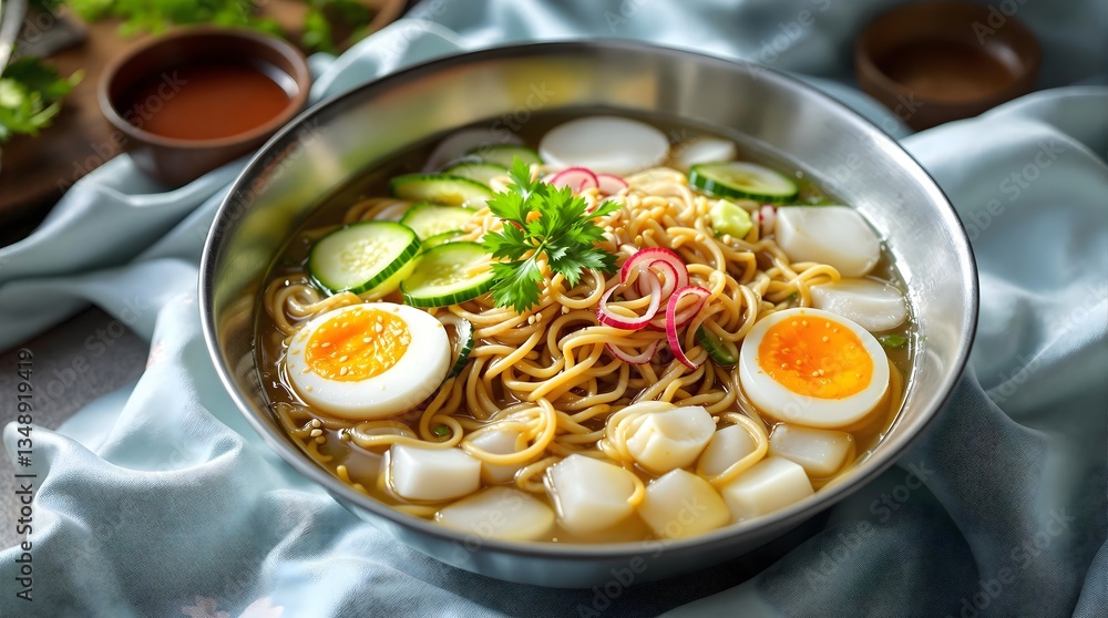 Refreshing Makguksu Buckwheat Noodles in Cold Broth with Vegetables (Korean Cuisine) Refreshing Makguksu Buckwheat Noodles in Cold Broth with Vegetables (Korean Cuisine)