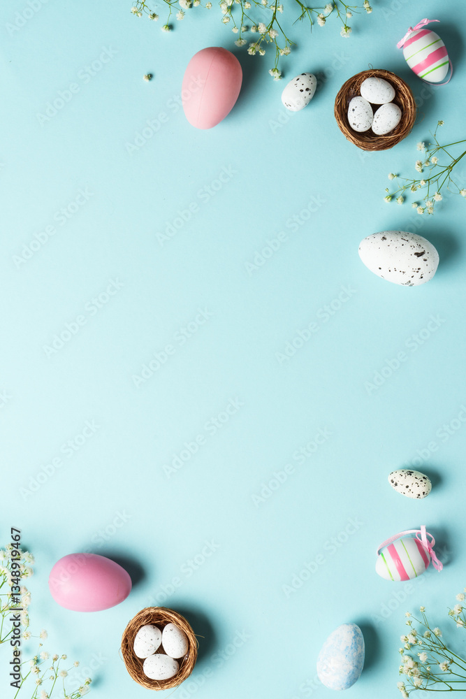 Easter eggs. Easter holidays composition with cute decorations