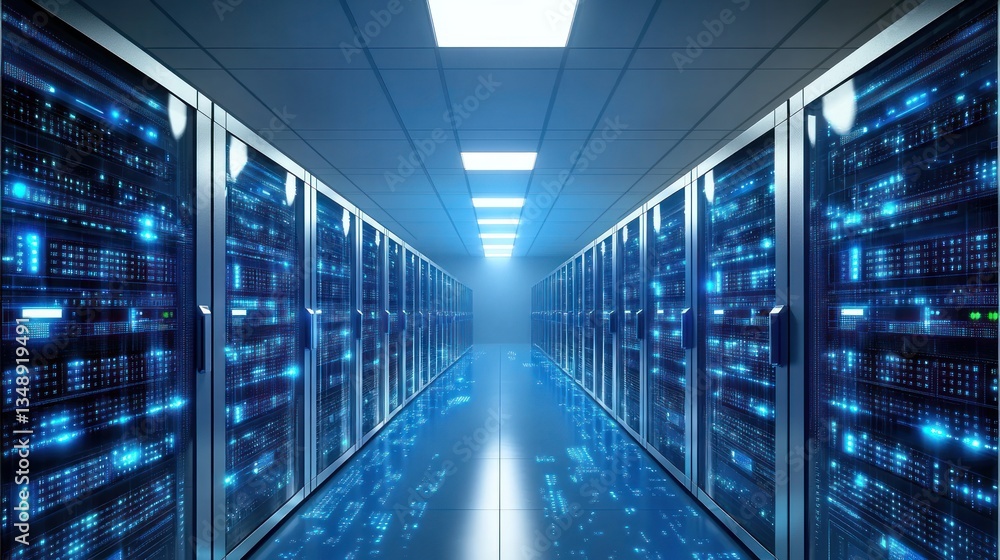 Server Room Corridor, Data Centers, Blue Glow, Technology Server Room Corridor, Data Centers, Blue Glow, Technology