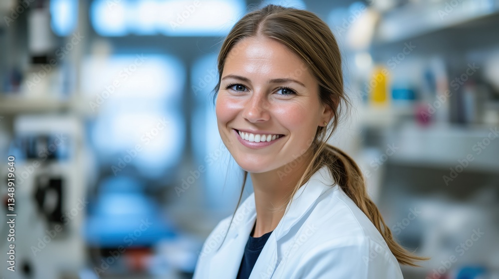 Obraz premium A smiling woman in a lab coat stands in a bright laboratory, exuding professionalism and warmth, ready to engage in scientific work.