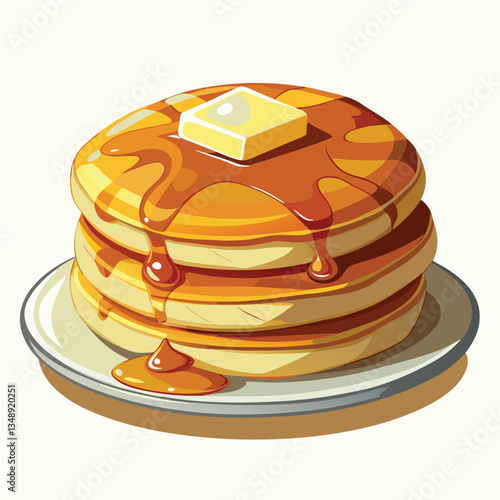 A tasty stack of homemade pancakes on a white plate, drizzled with sweet syrup
