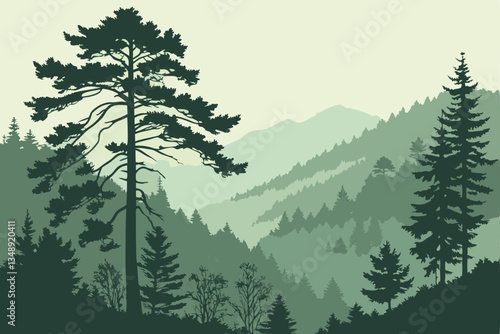 4 Misty forest landscape, fog rolling through pine trees, ethereal atmosphere, moody lighting, green and gray tones, atmospheric perspective, layered forest, mystical woodland, Pacific Northwest scene