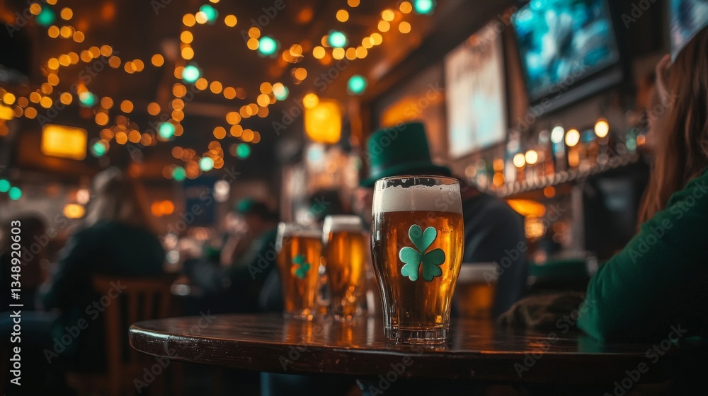 A Shamrock Adorns a Beer Glass in a Festive Pub A Shamrock Adorns a Beer Glass in a Festive Pub