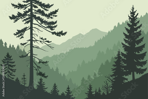 4 Misty forest landscape, fog rolling through pine trees, ethereal atmosphere, moody lighting, green and gray tones, atmospheric perspective, layered forest, mystical woodland, Pacific Northwest scene