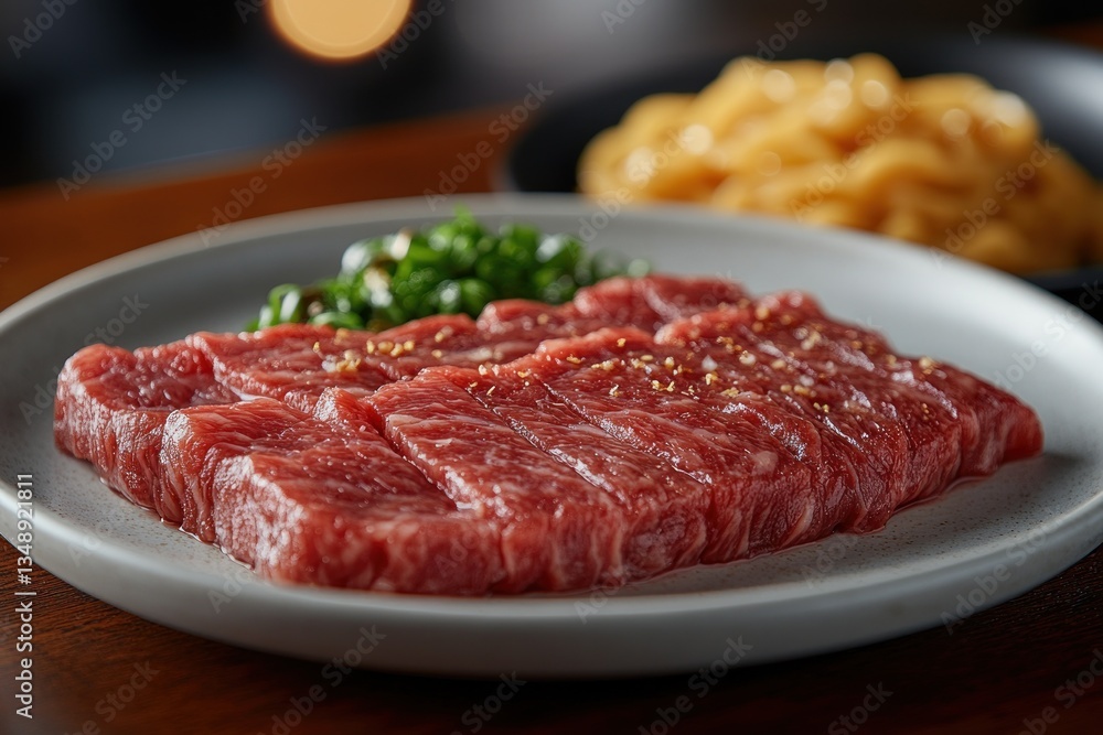 Fresh Thinly Sliced Raw Beef Meat for Bar-B-Q or Sukiyaki Dinner with Golden Noodles Fresh Thinly Sliced Raw Beef Meat for Bar-B-Q or Sukiyaki Dinner with Golden Noodles