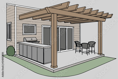 5 outdoor patio, wooden pergola, modern outdoor kitchen, concrete countertop, black bar stools, pool edge, potted plants, soft lighting, contemporary design, backyard oasis, sliding glass doors, cozy 