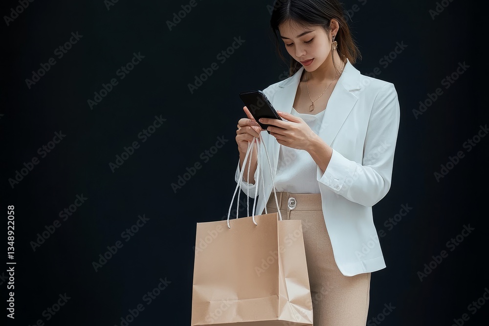 Elegance meets modernity as a woman navigates her shopping trip while engaging with her phone, showcasing urban lifestyle against a sleek background Elegance meets modernity as a woman navigates her shopping trip while engaging with her phone, showcasing urban lifestyle against a sleek background
