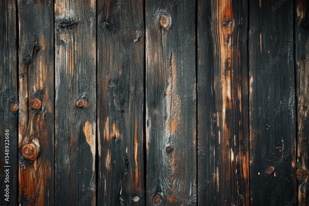 Naklejka premium Charred wooden planks display unique burn patterns, dark tones, and knots. Natural and rustic appearance with rich textures highlighted by lighting. Neural network AI generated