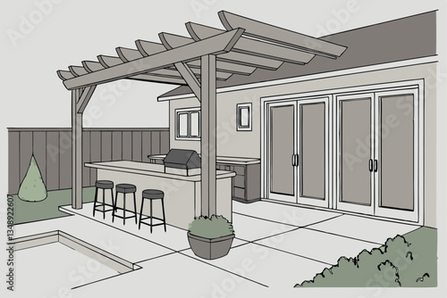 5 outdoor patio, wooden pergola, modern outdoor kitchen, concrete countertop, black bar stools, pool edge, potted plants, soft lighting, contemporary design, backyard oasis, sliding glass doors, cozy 