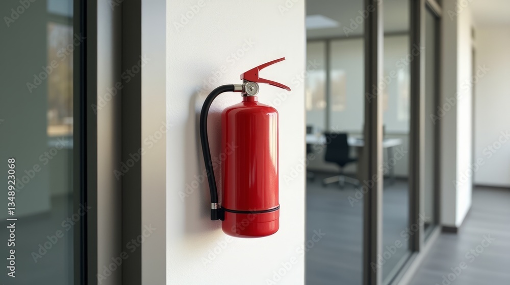 Obraz premium Fire Extinguisher: A vibrant red fire extinguisher is mounted on a stark white wall, symbolizing safety and preparedness within a modern building.
