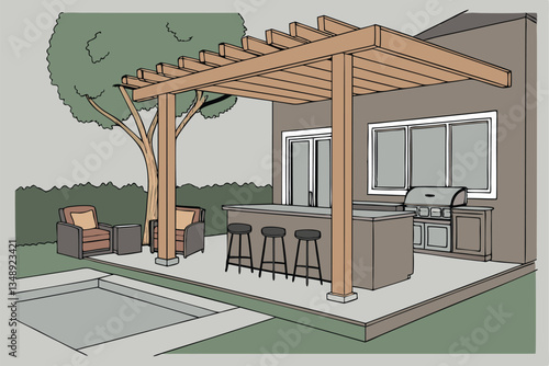 5 outdoor patio, wooden pergola, modern outdoor kitchen, concrete countertop, black bar stools, pool edge, potted plants, soft lighting, contemporary design, backyard oasis, sliding glass doors, cozy 