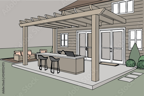5 outdoor patio, wooden pergola, modern outdoor kitchen, concrete countertop, black bar stools, pool edge, potted plants, soft lighting, contemporary design, backyard oasis, sliding glass doors, cozy 