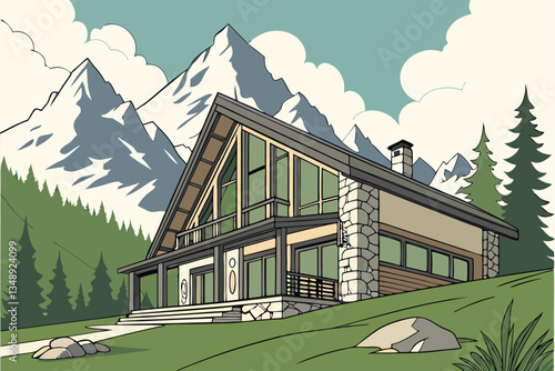 6 Modern mountain chalet, expansive glass windows, slanted roof, wooden architecture, alpine landscape, snow-capped peaks, lush green meadow, coniferous trees, rocky terrain, blue sky with fluffy clou