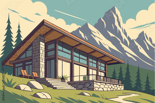 6 Modern mountain chalet, expansive glass windows, slanted roof, wooden architecture, alpine landscape, snow-capped peaks, lush green meadow, coniferous trees, rocky terrain, blue sky with fluffy clou