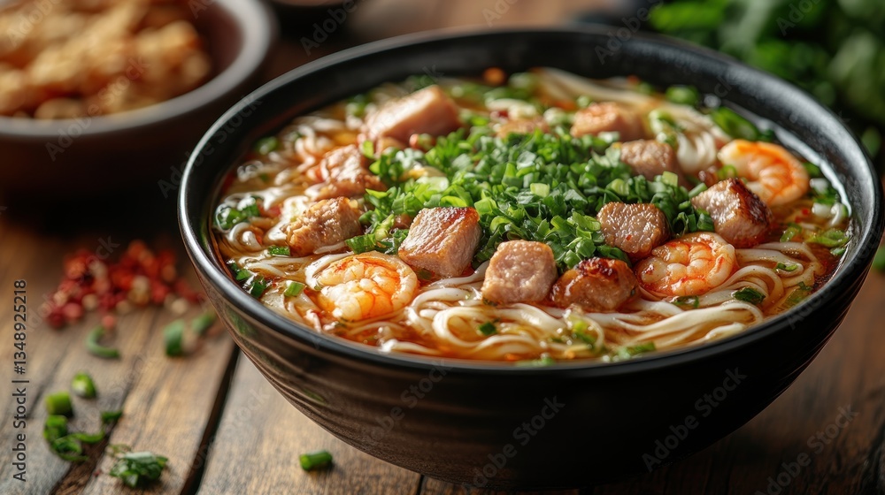 Vietnamese Mi Quang Noodles Bowl with Pork Shrimp and Egg in Rich Broth Natural Lighting Vietnamese Mi Quang Noodles Bowl with Pork Shrimp and Egg in Rich Broth Natural Lighting