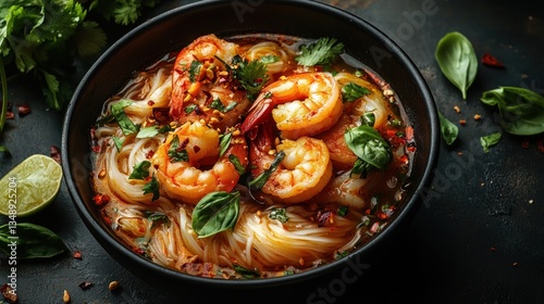 Wallpaper Mural Vietnamese Noodle Soup with Shrimp Fresh Herbs Mi Quang Rice Noodles Chicken Stock Egg Delicious Traditional Dish Torontodigital.ca