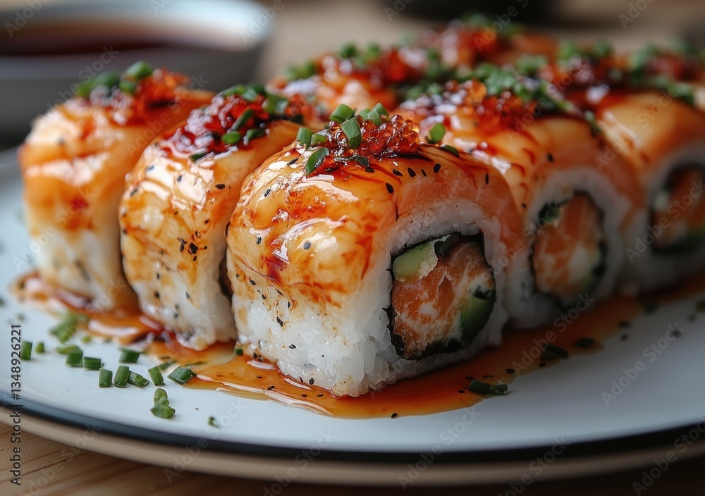 Sushi Roll with Cheese and Sauce Fresh Salmon Maki Delicious Japanese Food Sushi Roll with Cheese and Sauce Fresh Salmon Maki Delicious Japanese Food