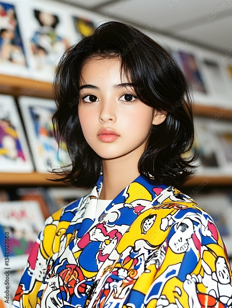 Young woman with dark bob haircut, wearing colorful patterned shirt, posing against a backdrop of framed artwork Young woman with dark bob haircut, wearing colorful patterned shirt, posing against a backdrop of framed artwork