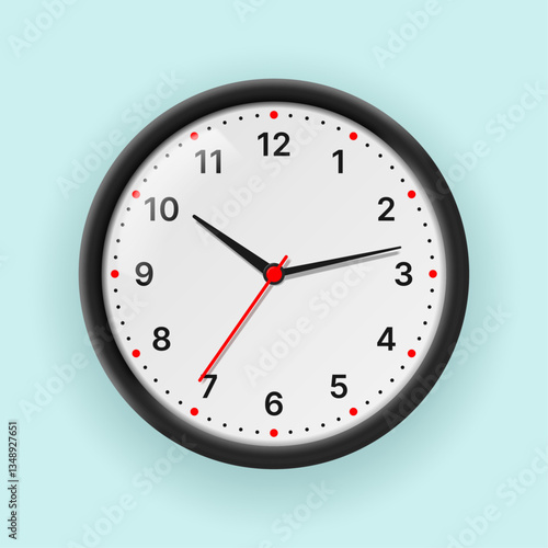 Wall clock with hands and white dial with numbers isolated on light background. Vector 3d illustration.