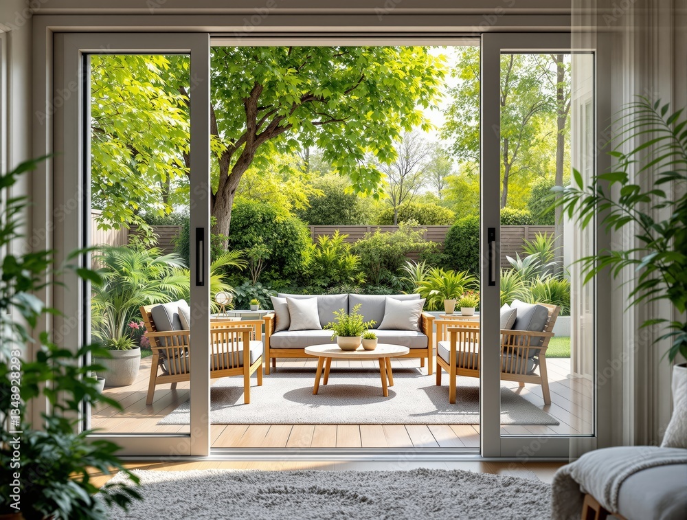 Stylish patio with wooden furniture and lush greenery seen through sliding glass doors, set in a cozy outdoor space. Bright and inviting home garden concept. Ai generative Stylish patio with wooden furniture and lush greenery seen through sliding glass doors, set in a cozy outdoor space. Bright and inviting home garden concept. Ai generative