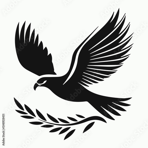 Black Eagle with Spread Wings and Laurel Branch Vector White Background