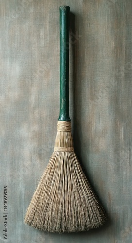 Wallpaper Mural Green Handled Broom with Beige Bristles on Wooden Surface in Minimalist Style Torontodigital.ca