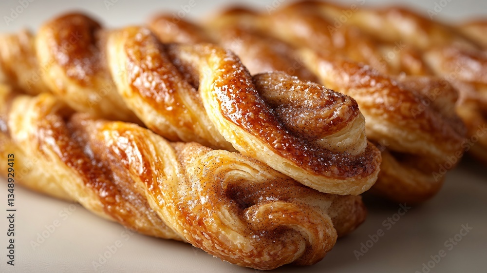 Flaky buttery puff pastry twists with cinnamon and sugar topping freshly baked and isolated on a plain background a sweet bakery favorite Flaky buttery puff pastry twists with cinnamon and sugar topping freshly baked and isolated on a plain background a sweet bakery favorite