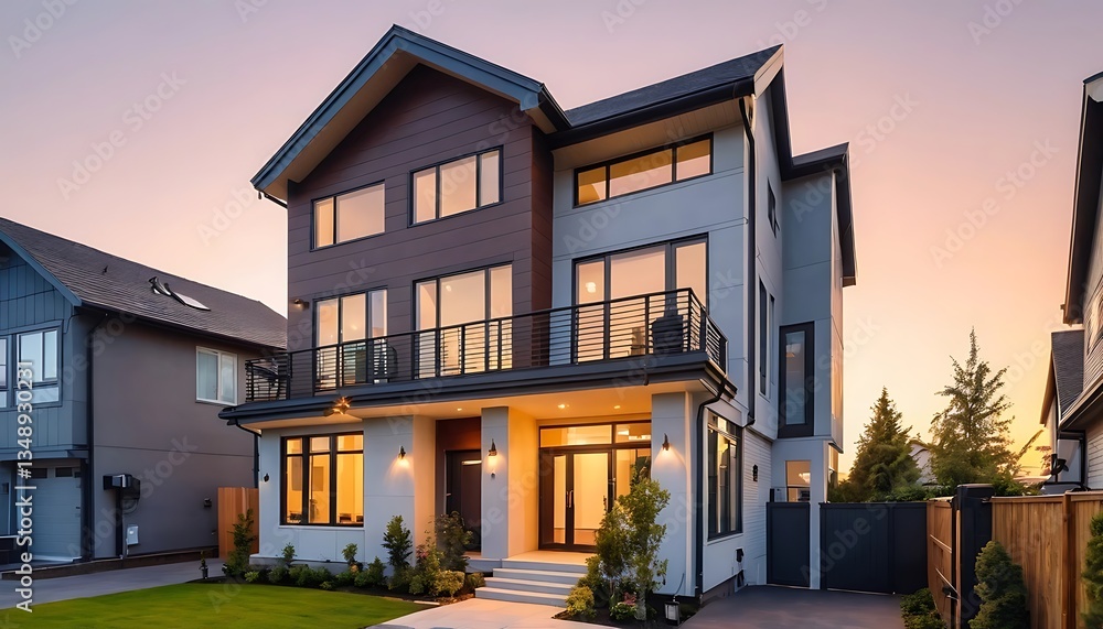 Fototapeta premium Close up photo of modern residential townhouse, luxury architectural style house exterior