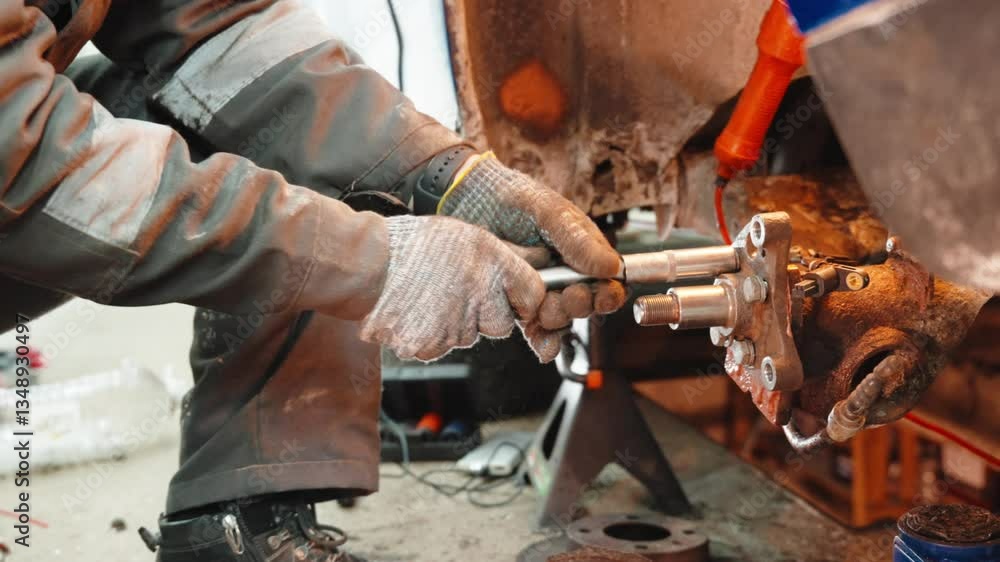 Skilled mechanic repairing vehicle axle shaft using precision tool, performing specialized automotive maintenance inside professional workshop environment Skilled mechanic repairing vehicle axle shaft using precision tool, performing specialized automotive maintenance inside professional workshop environment