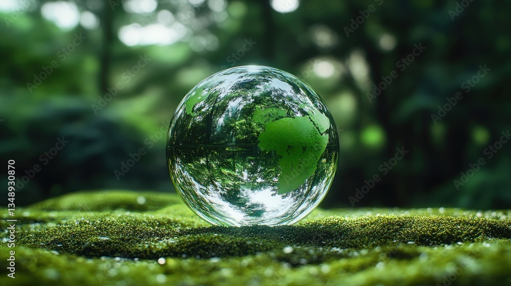 Earth Globe on Forest Floor with Sunlight and Ferns for Ecology and Conservation Earth Globe on Forest Floor with Sunlight and Ferns for Ecology and Conservation
