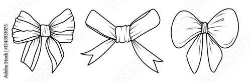 A set of bows in a line. A bow for making postcards, stickers, and invitations. Vector illustration isolated on a white background.