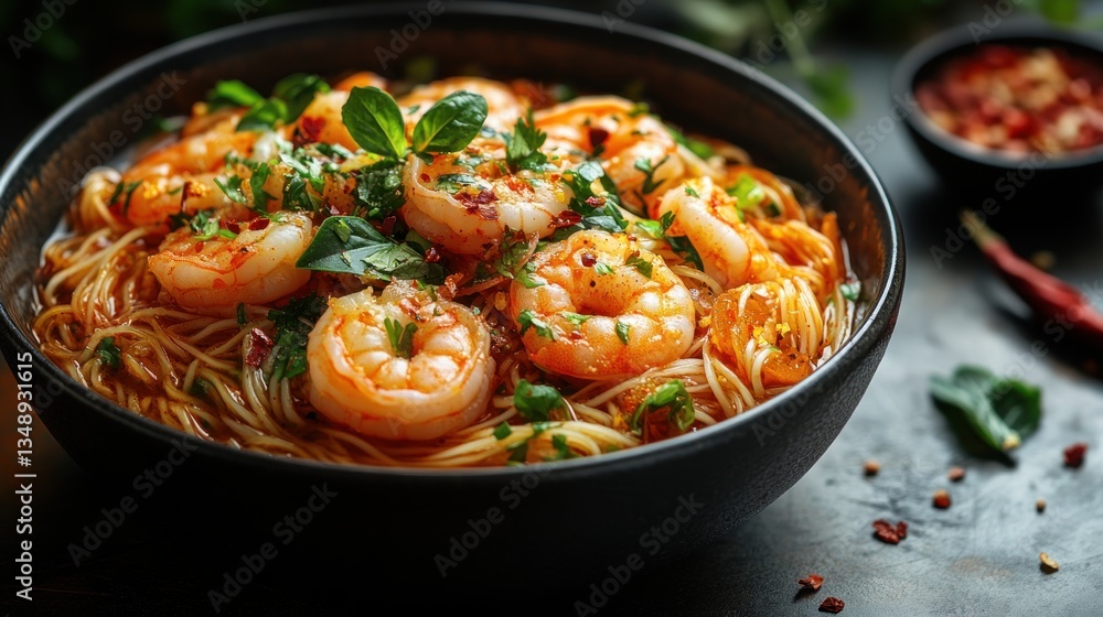 Vibrant Vietnamese Noodle Soup Mi Quang with Fresh Shrimp Herbs and Chicken Stock Vibrant Vietnamese Noodle Soup Mi Quang with Fresh Shrimp Herbs and Chicken Stock