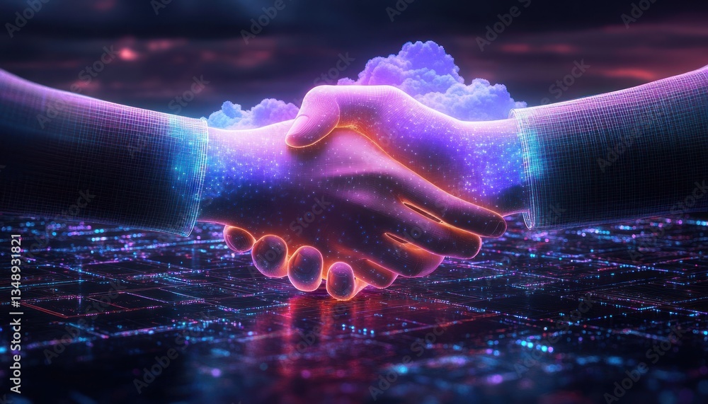 Fototapeta premium Futuristic Handshake Business Partnership with Holographic Technology and Digital Cloud
