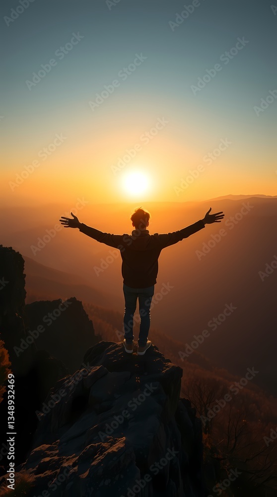 Silhouette of a person standing on a mountain top during sunset, symbolizing freedom, victory, and joy Silhouette of a person standing on a mountain top during sunset, symbolizing freedom, victory, and joy