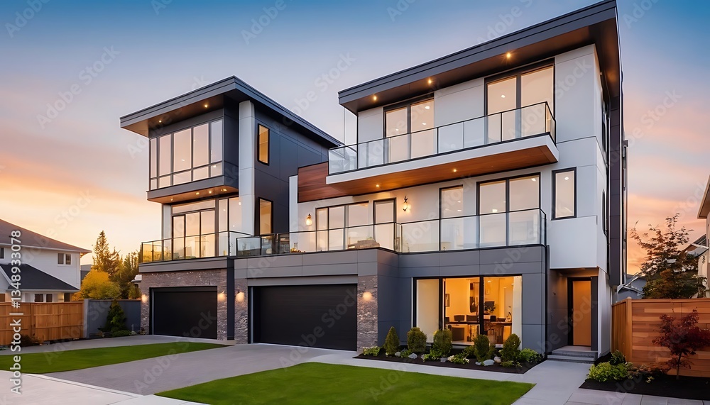 Fototapeta premium Close up photo of modern residential townhouse, luxury architectural style house exterior