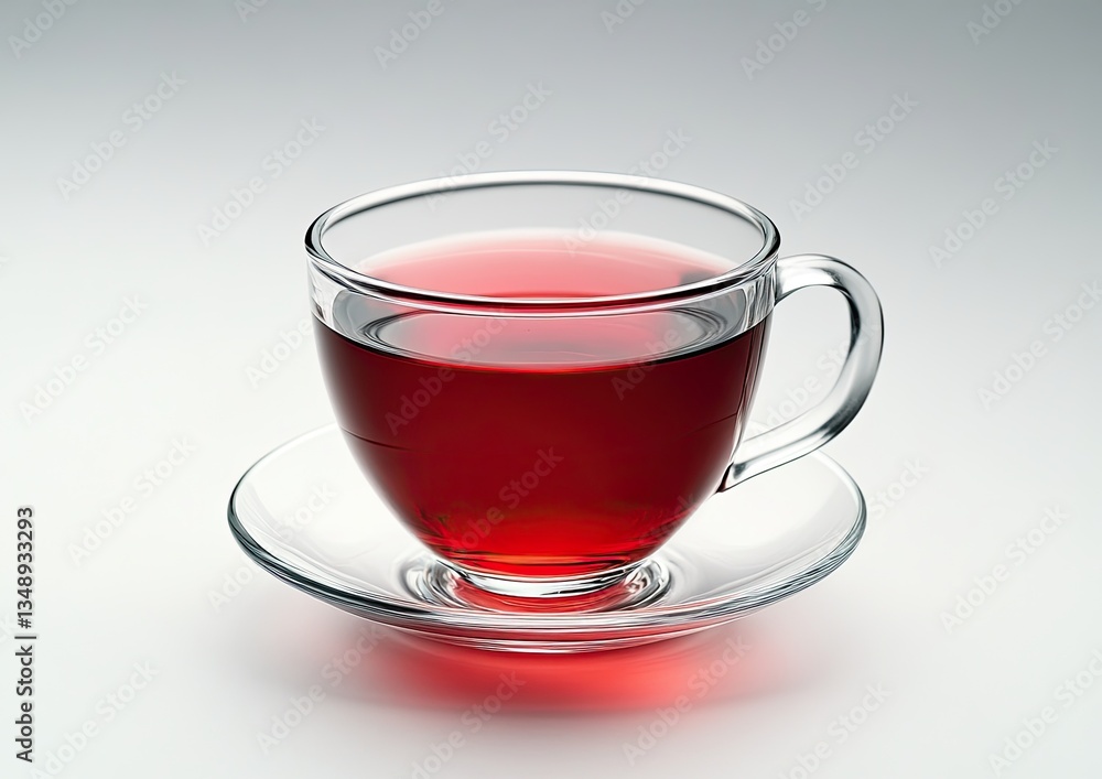 Clear glass teacup, red herbal tea, studio, light gray background Clear glass teacup, red herbal tea, studio, light gray background