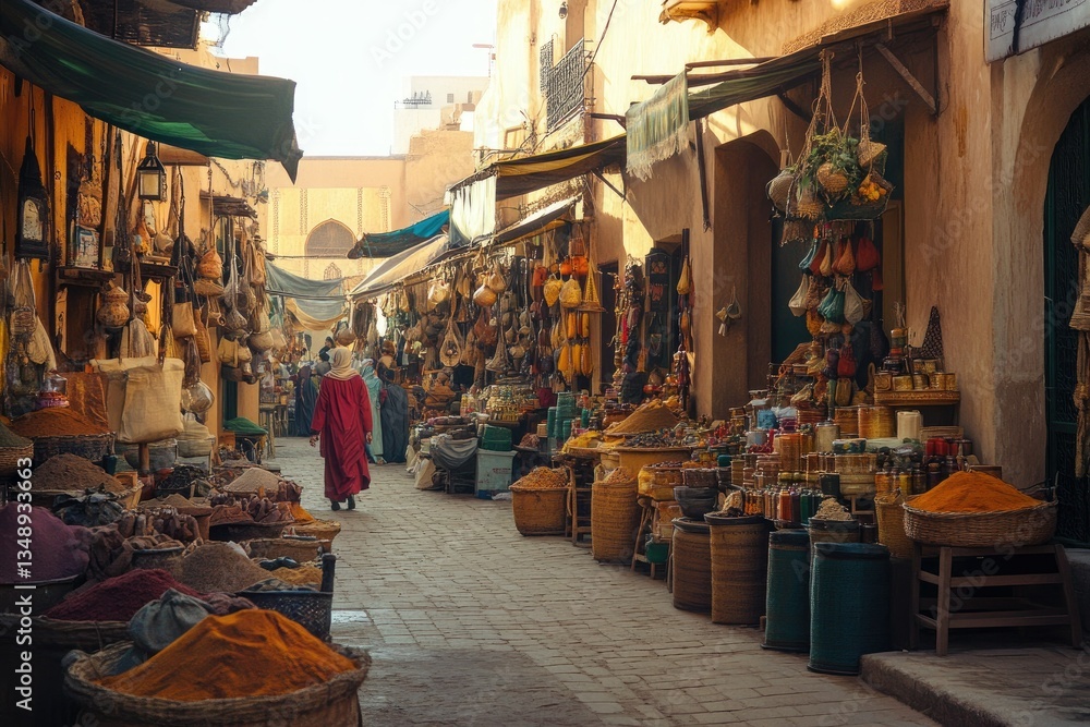 Naklejka premium A vibrant market scene showcasing colorful spices and traditional goods, with a lone figure walking through the bustling alleyway surrounded by rich textures and local craftsmanship