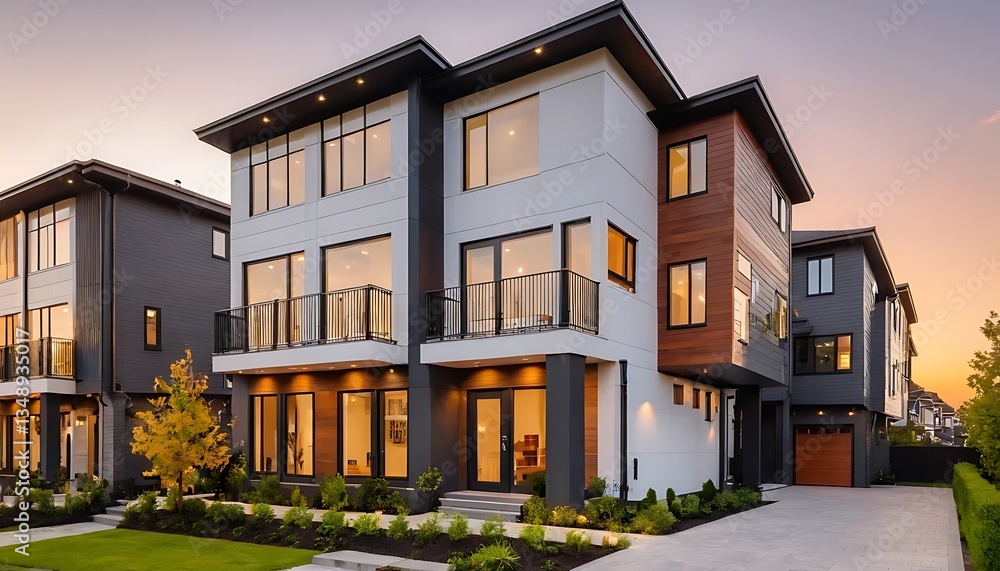 Fototapeta premium Close up photo of modern residential townhouse, luxury architectural style house exterior