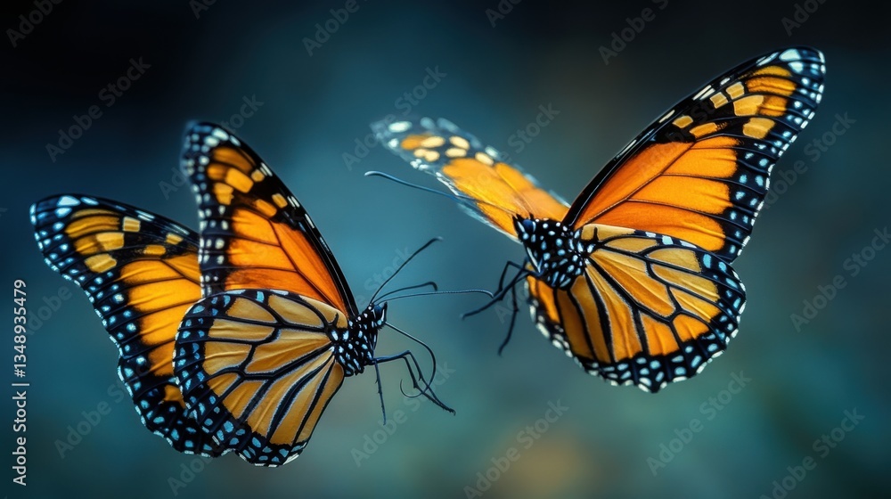 Fototapeta premium Butterflies illuminated by the soft glow of lanterns in a colorful, serene garden at dusk.