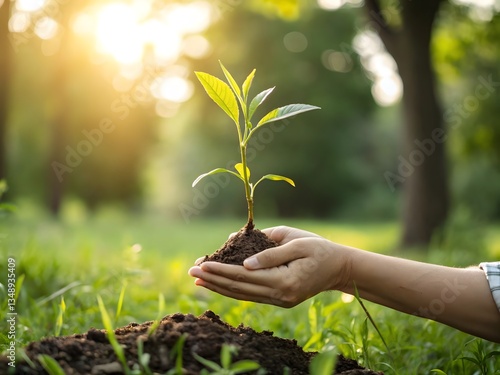 Wallpaper Mural World Eco Earth Day concept.  Hand holding young plant on blurred green nature background and sunlight. 
 Torontodigital.ca