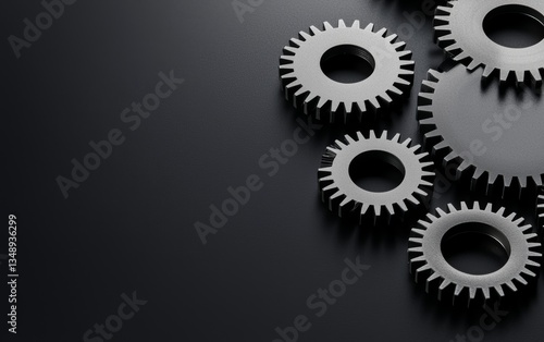 A close-up view of metallic gears on a dark surface, showcasing their intricate design and mechanical structure.