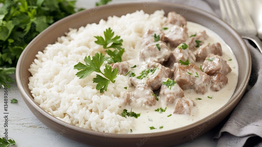 French blanquette de veau veal stew a creamy white sauce served with rice and garnished with parsley French blanquette de veau veal stew a creamy white sauce served with rice and garnished with parsley