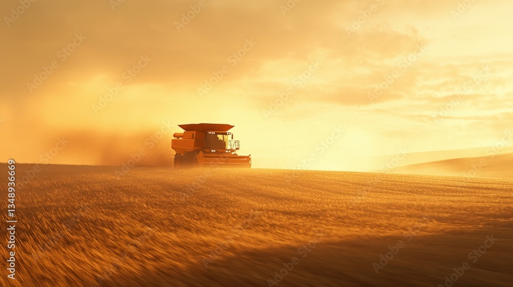 Fototapeta premium Combine harvester working through vast golden fields, dust and grains in the air, dramatic lighting highlighting motion, scale, and the intensity of the harvest season. 