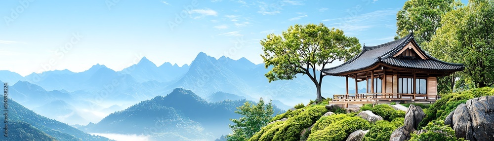 A serene landscape featuring a traditional house, lush greenery, and majestic mountains under a clear blue sky. A serene landscape featuring a traditional house, lush greenery, and majestic mountains under a clear blue sky.