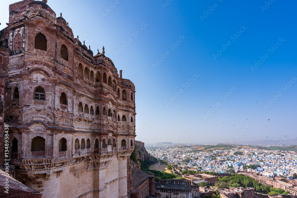 Fototapeta premium India. State of Rajasthan. Jodhpur. The balconies of Mehrangarh Fort (a historic medieval stronghold of the Rathore Rajput royal rulers) overlooking the Blue City