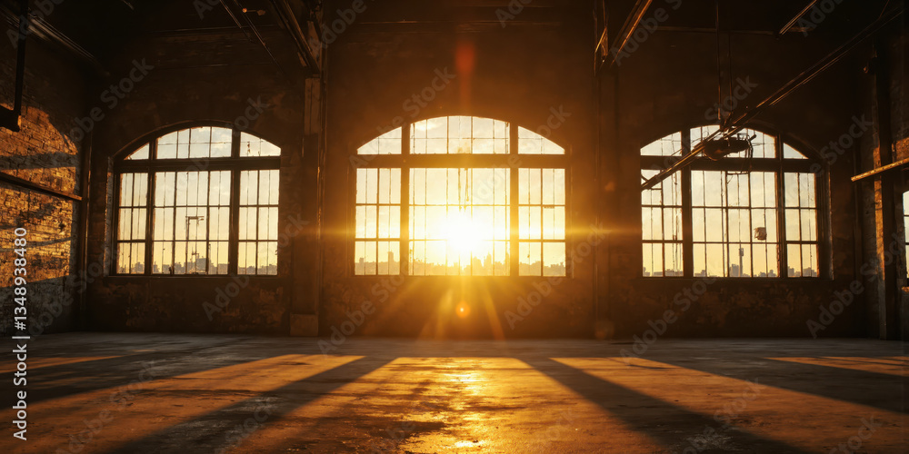 Golden Hour Factory Windows Empty industrial hall with massive steel-framed factory windows filtering dramatic sunset light, creating golden glow across Golden Hour Factory Windows Empty industrial hall with massive steel-framed factory windows filtering dramatic sunset light, creating golden glow across