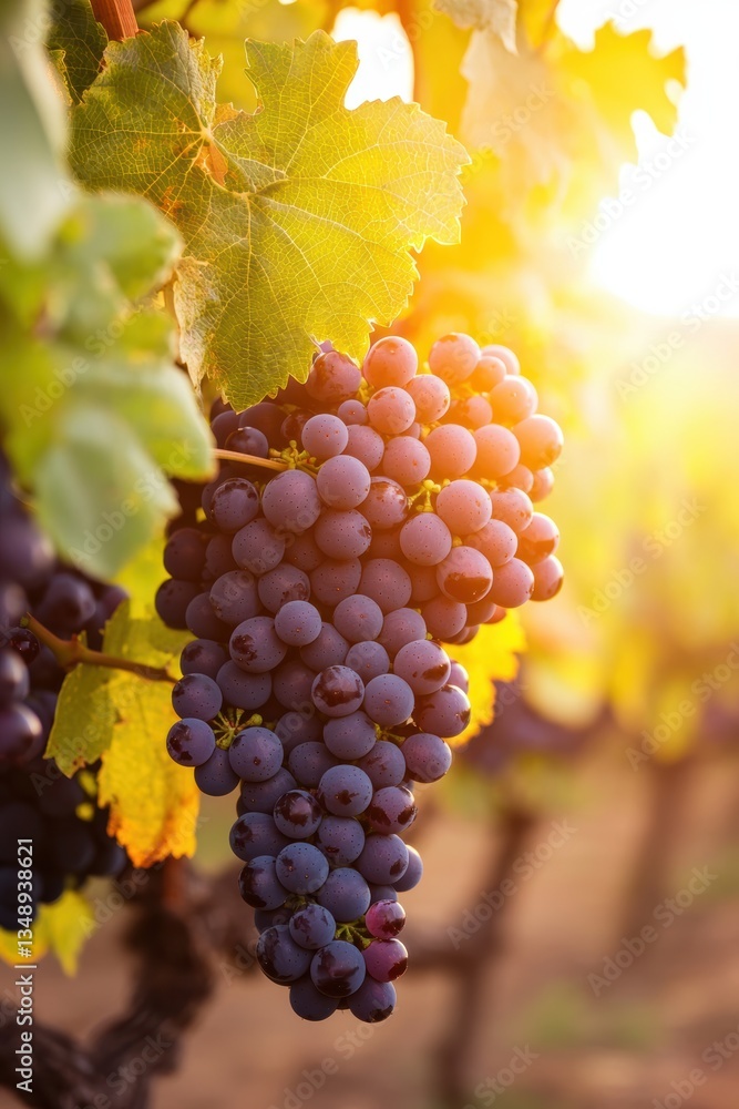 Fototapeta premium Sunlit vineyard ripe grapes amidst golden leaves and soft focus