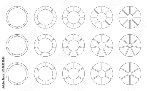 Circle division on 6, 7, 8 equal parts. Wheel round divided diagrams, six, seven, eight segments. Coaching blank. Set of Infographic. Section graph line art. Pie, pizza chart icon. Outline donut chart