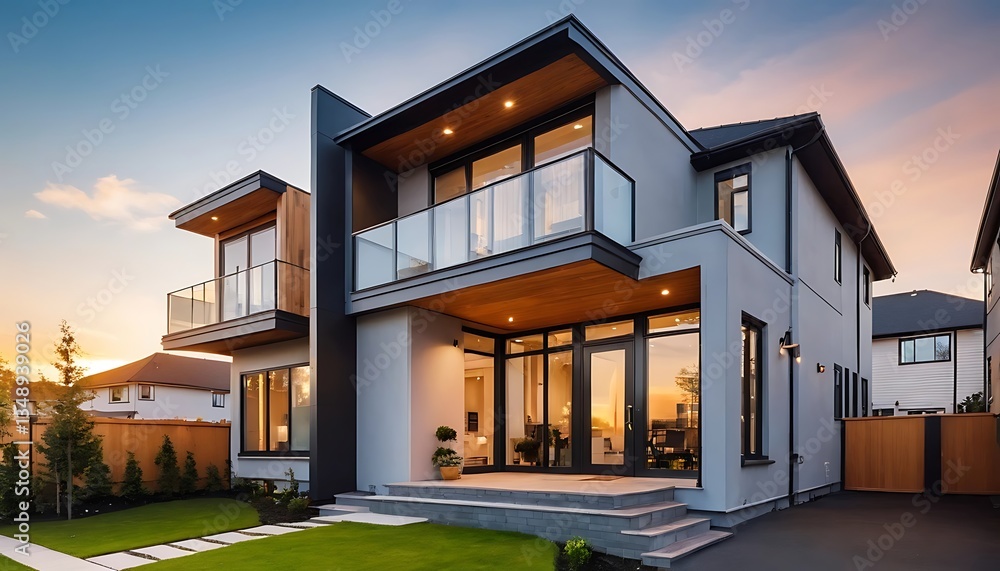 Obraz premium Close up photo of modern residential townhouse, luxury architectural style house exterior