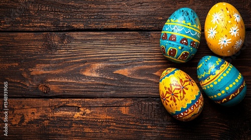 Rustic wooden table with hand painted decorative Easter eggs in traditional folk style intricate patterns vibrant spring holiday themed still life